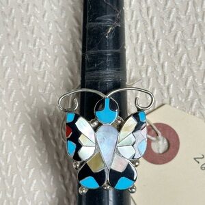 Lovely Zuni adjustable inlay ring signed A Dishta